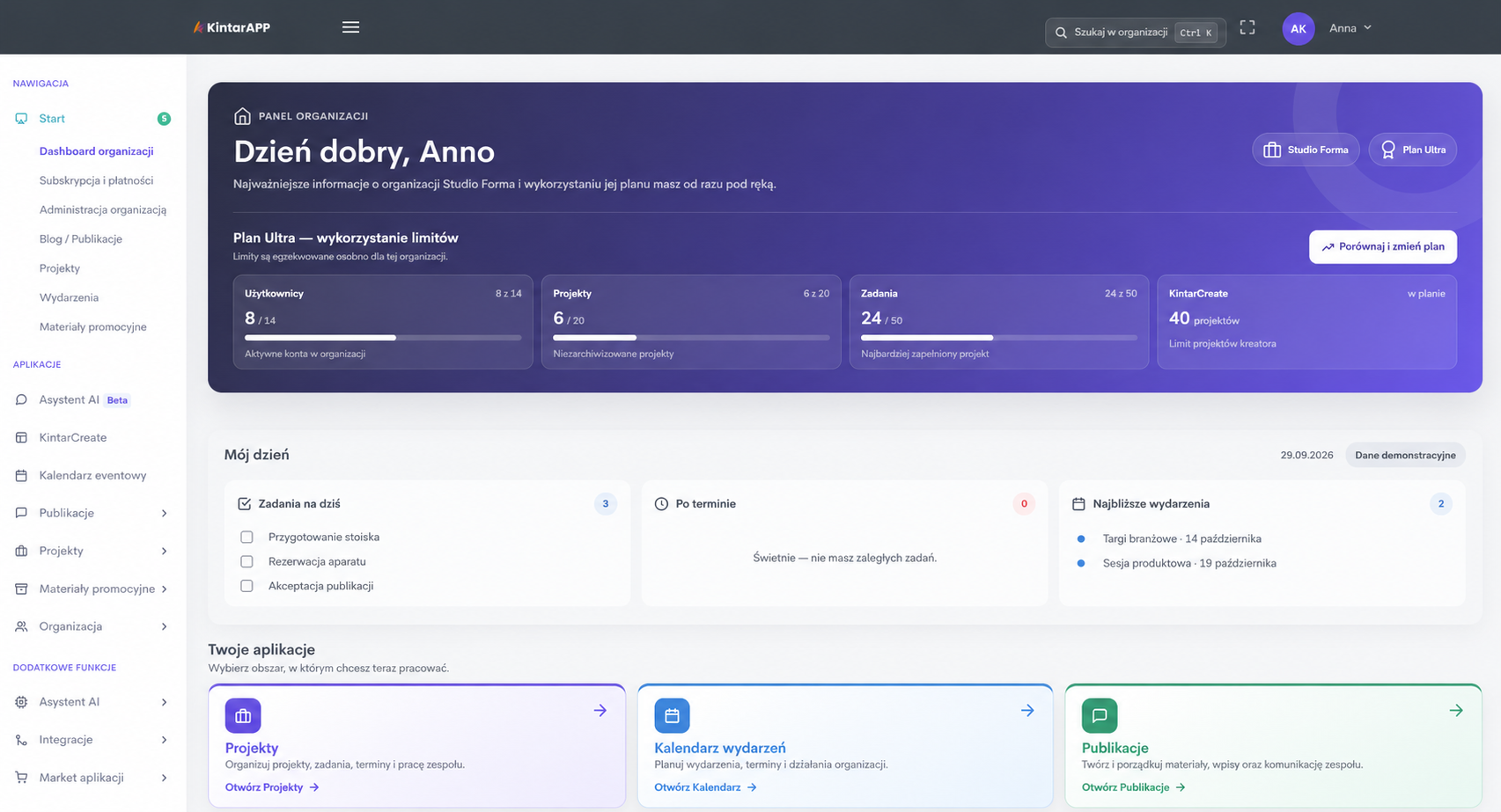 Panel KintarApp: projekty, zadania, wydarzenia i asystent AI; dane demonstracyjne