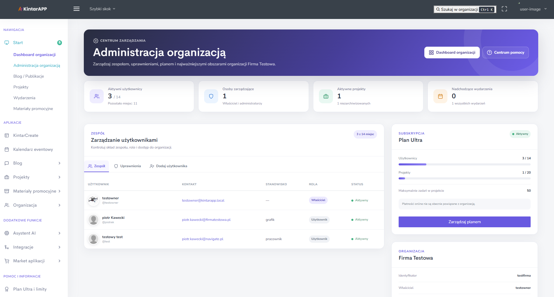 Dashboard administracyjny KintarApp